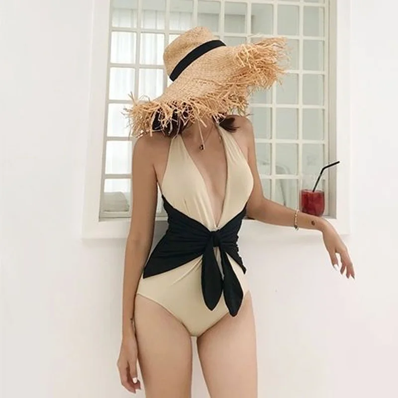 2023 New Summer Fashion Hanging Neck Deep V Gathering Bow Cover Belly Sexy Contrast Color Beach Swimming One Piece Bikini Set