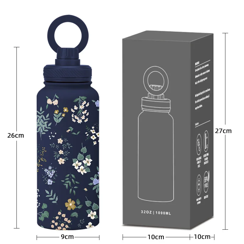 1000mL thermos water bottle with magnetic mobile phone holder Gym yoga print sports water bottle view 4