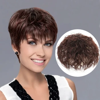 Topper per capelli sintetici con frangia Clip nelle estensioni dei capelli Pezzi di capelli castano scuro ondulati per le donne coprire i capelli bianchi
