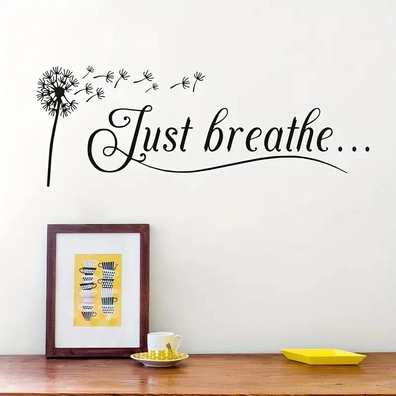 1pc Artistic Fonts PVC Wall Decal Dandelion Just Breathe Slogan Mural Cafe Living Room Office Porch Background Decor