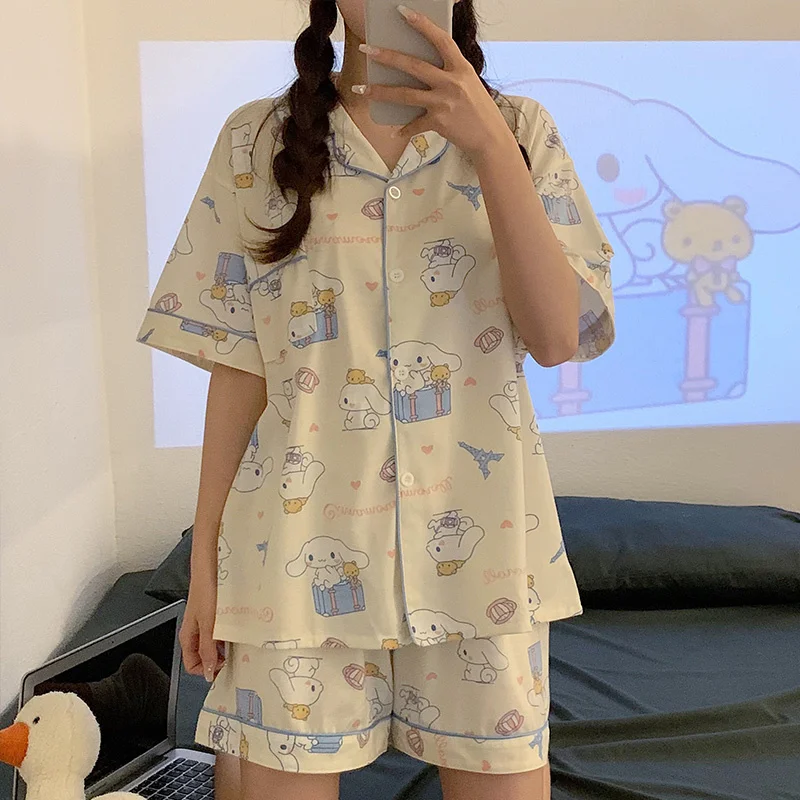Sanrio-Pijama de Hello Kitty para mujer, ropa de dormir de manga larga con pantalones largos, cárdigan, pijama de dibujos animados, conjunto de 2 piezas para el hogar, primavera y otoño