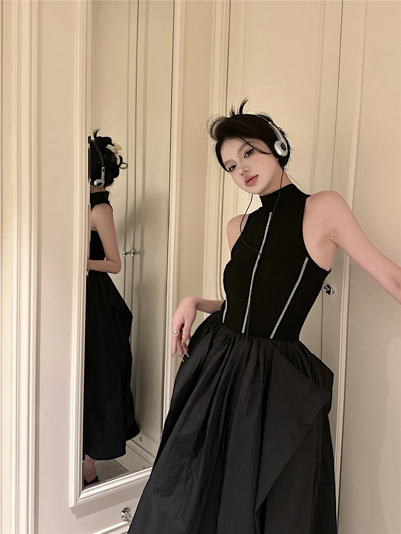 Casual Black Knitted Dresses for Women Sleeveless Vest Dress A-line Casual Korean Fashion Half High Collar Autumn New Vestido