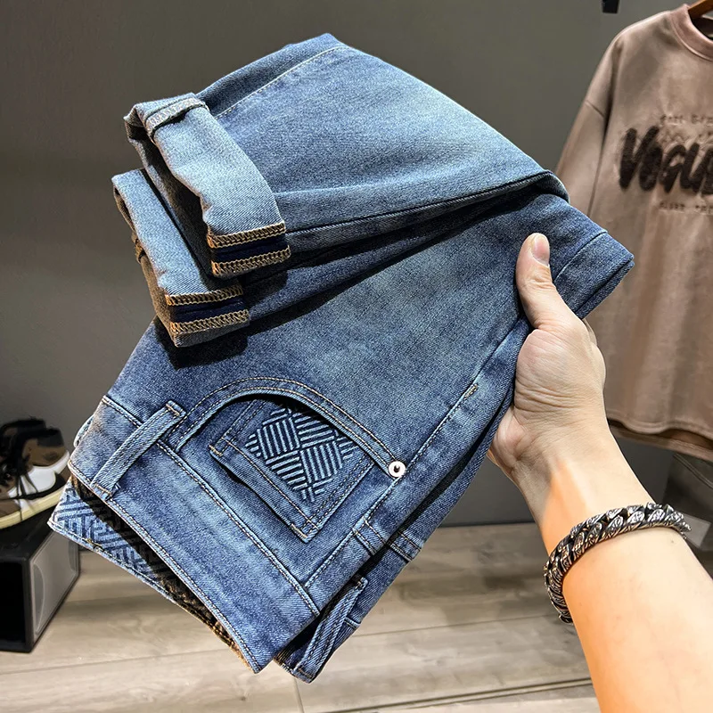 Summer Blue Men'S Jeans Fashion Brand Loose Nine-Point Pants Trend Plankton Handsome Ripped Casual Straight Leg Men'S Pants