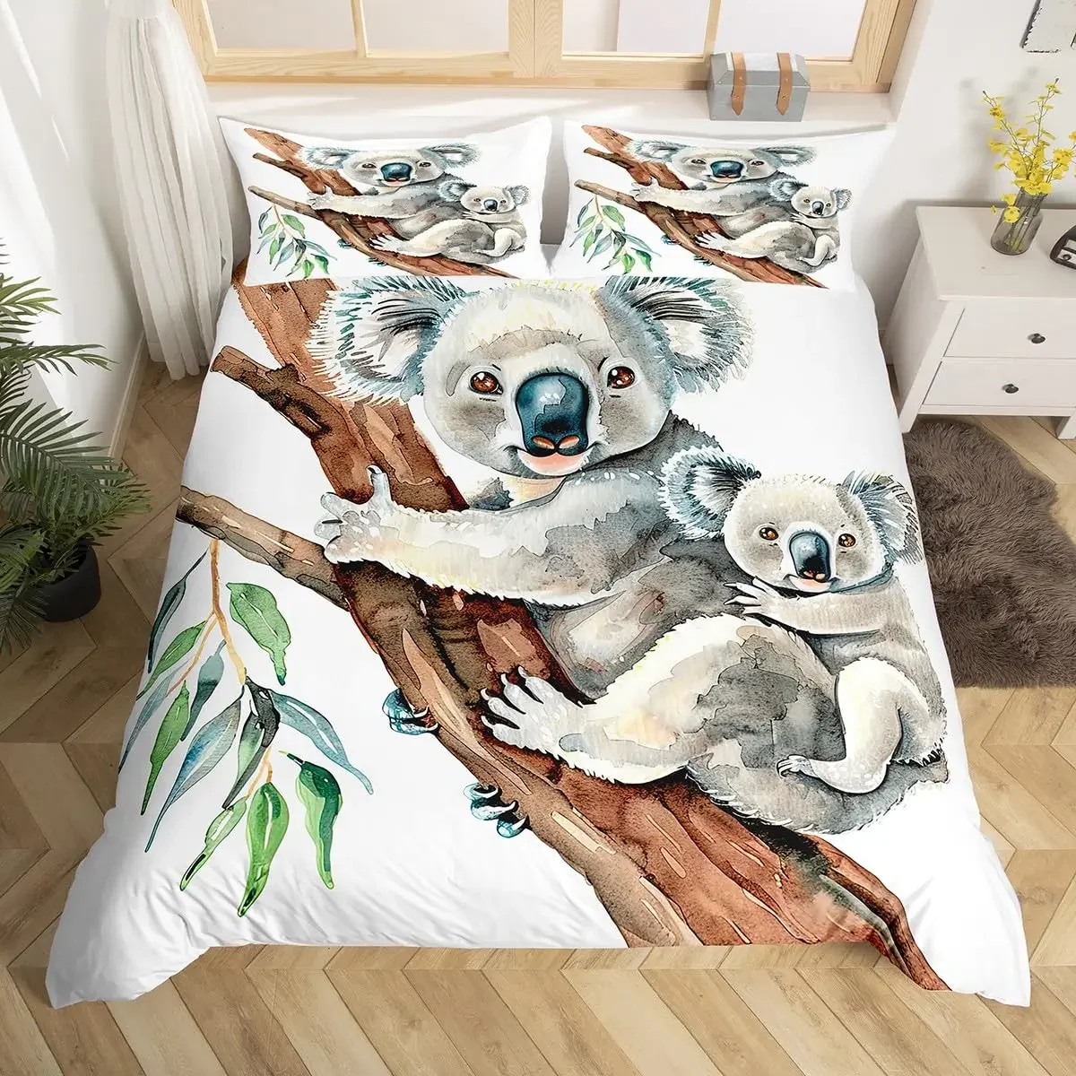 Cartoon Cute Koala Duvet Cover Women Kids Girls Teens Warm Gifts Room Decor Pink Flowers Cartoon Animal Theme Queen King Bedding 6
