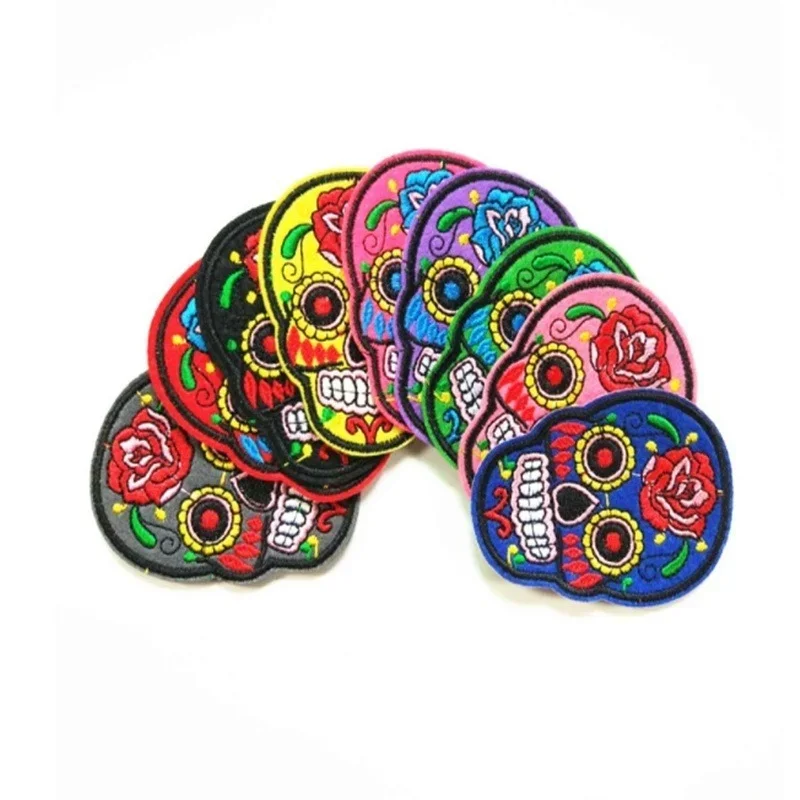 9Pcs/set Of DIY Multicolor Skull Clothing Patch Fashion Jeans Embroidery Fabric Badges In Random Colors