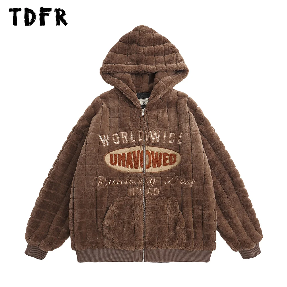 

Letter Embroidery Plush Hooded Jacket Mens Autumn Winter Retro Casual Loose Long Sleeve Outerwear Men