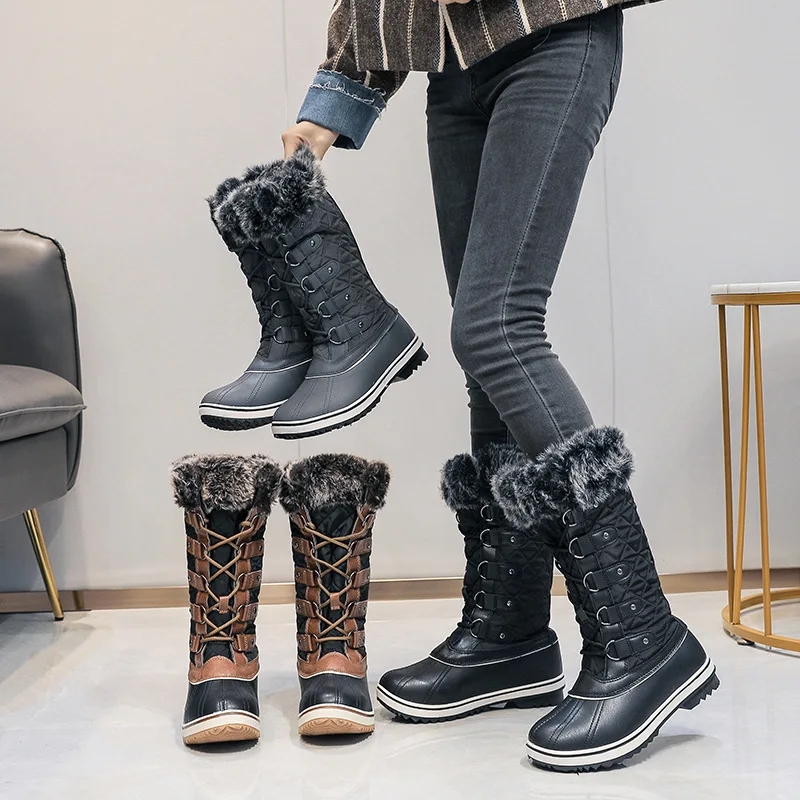 

Winter Warm Leather Waterproof Snow Boots Women Chunky Platform Flat Heel Plush Fur Mid-Calf Outdoor Parent Ski Ladies Boot