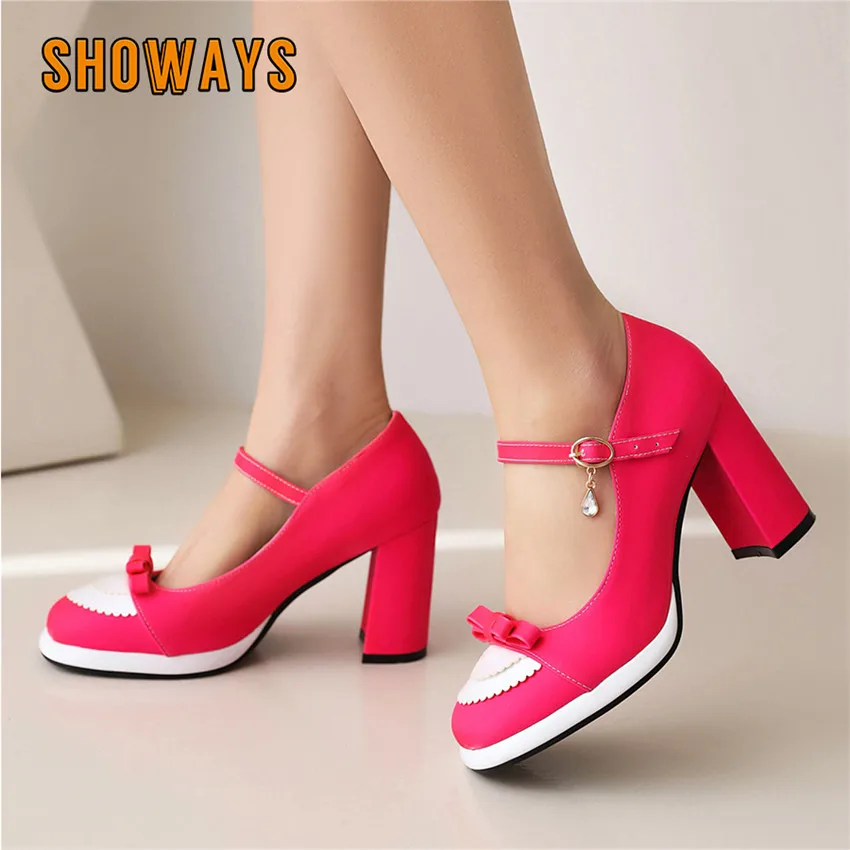 

Bowtie Woman Platform Mary Janes Rosy Black Satin High Thick Heels Summer Spring Party Silky Dress Lady Round Toe Pumps Big Size