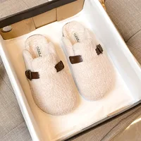 High Quality Lamb fur slippers women round toe buckle belt plush pantuflas female cork winter slides shoes woman furry slippers - Image 2