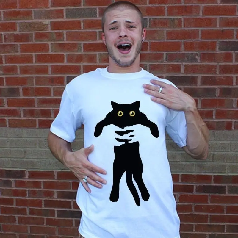 

Casual Men Design Hip Hop Anime Male Tshirt Hold Cat With Both Hands Big Yellow Eyes Black Cat Funny Joke Men Tee Shirt Unisex