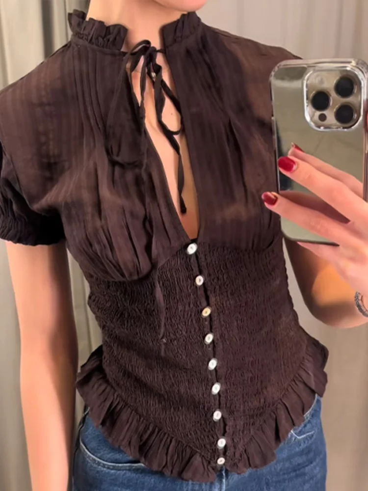 2026 Spring Summer Short Puff Sleeve Folds Shirts For Women Elegant Ruffles Single Breasted Shirt Lady Street Chic Cropped Tops 1