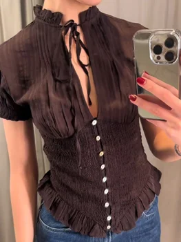 2026 Spring Summer Short Puff Sleeve Folds Shirts For Women Elegant Ruffles Single Breasted Shirt Lady Street Chic Cropped Tops 1