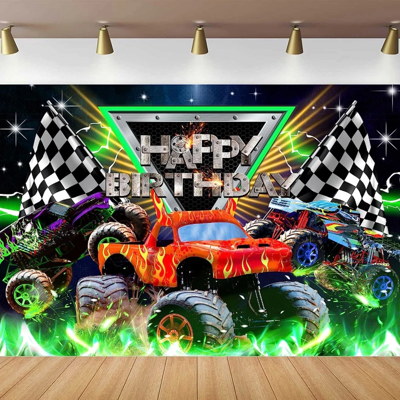 Sfondo Fotografico A Tema Camion Mostro Festa Di Buon Compleanno Jam Burning Flame Car Grave Digger Ragazzi Bambini Sfondo Decor