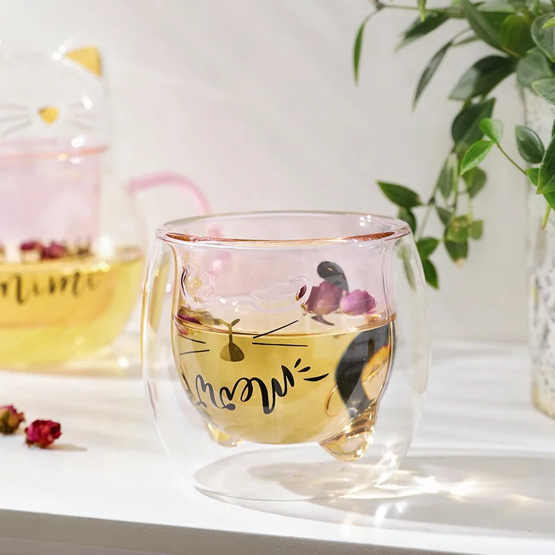 High Borosilicate Glass Cute Cat Teapot Set 650ml Tea Pot With Tea Infuser 260ml Double Wall Glass Cup Teawear Stes