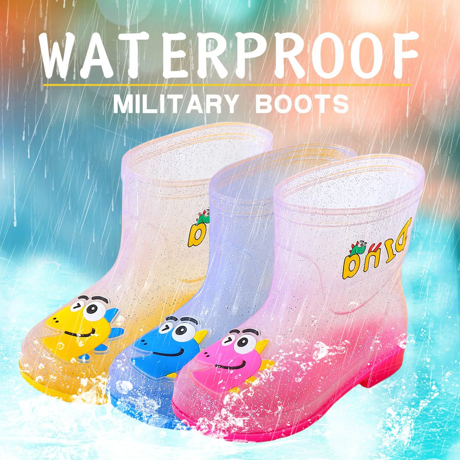 

new Kids Girls Boys Rain Boots Cute Cartoon Transparent Anti-slip Waterproof Wellies Water Shoes Children ботинки для девочки