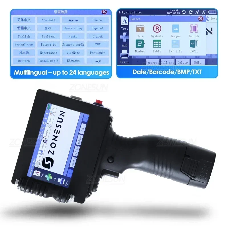 ZONESUN Handheld Inkjet Printer Portable ZS-HIP254 25.4mm QR Barcode Batch Expiry Date Serial Number Multilingual Digital