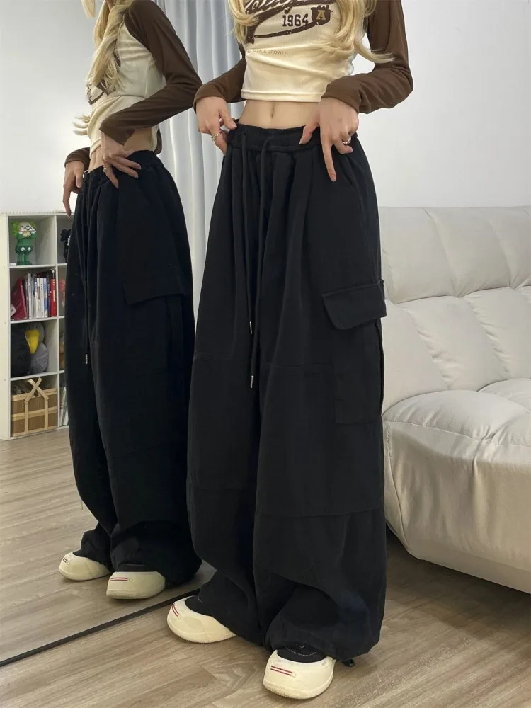 HOUZHOU Vintage Baggy Cargo Pants Women Y2k Sweatpants Drawstring High Waist Pocket Patchwork Wide Leg Pants Oversize Trousers