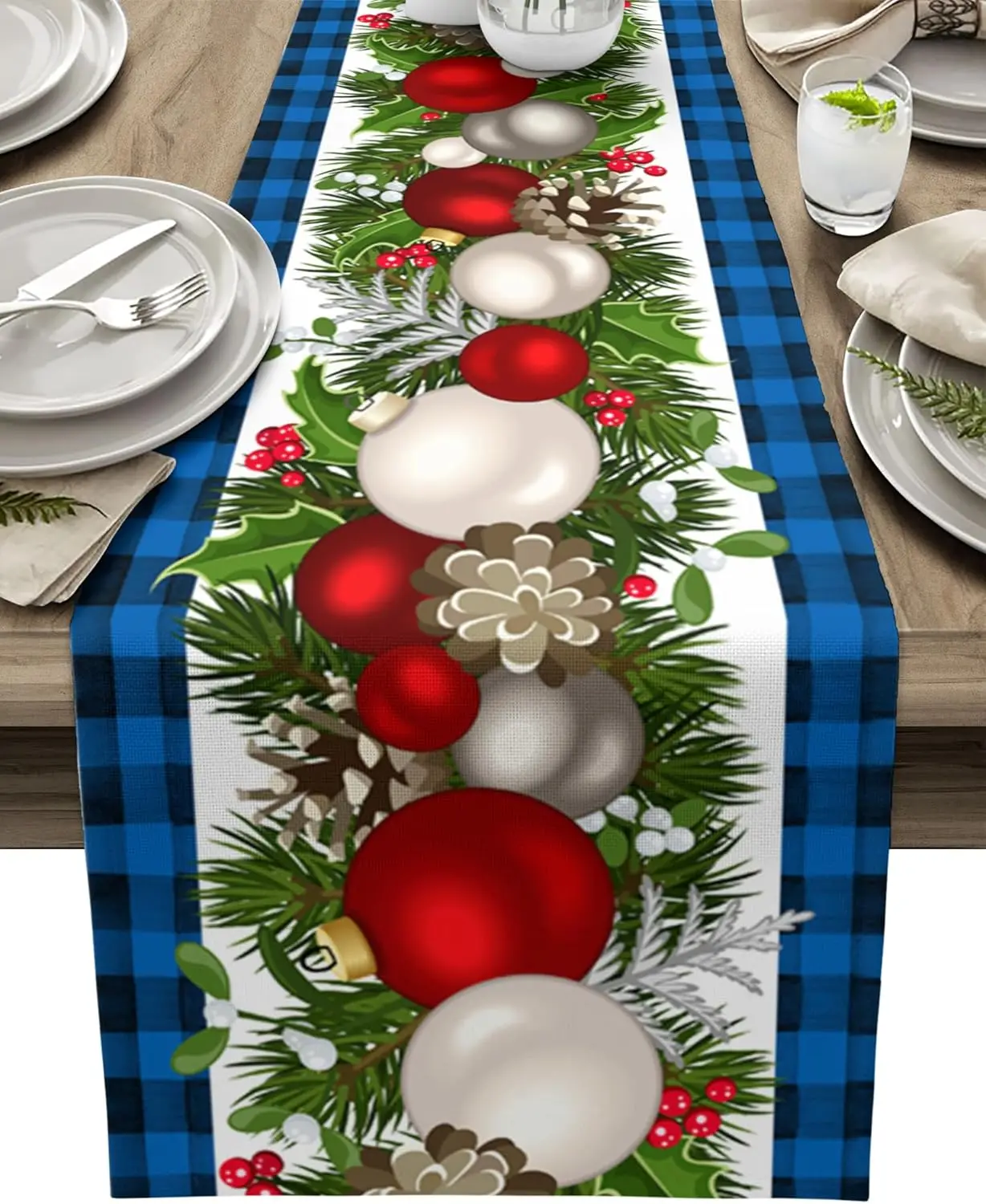 

Рождественские шары сосновые иглы Pinecone синяя льняная настольная дорожка комод шарф для зимы Рождественская фотография рождественские украшения 2025