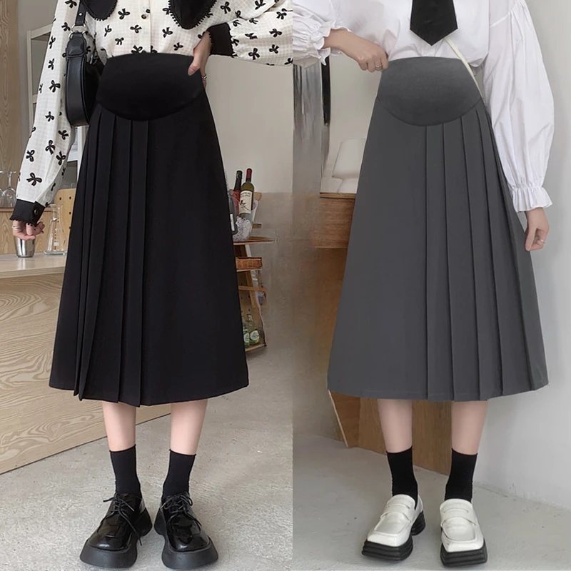 Short Maternity Suit Skirt Fashion High Waist Pleated Patchwork Pregnant Woman Midi Skirts for Spring