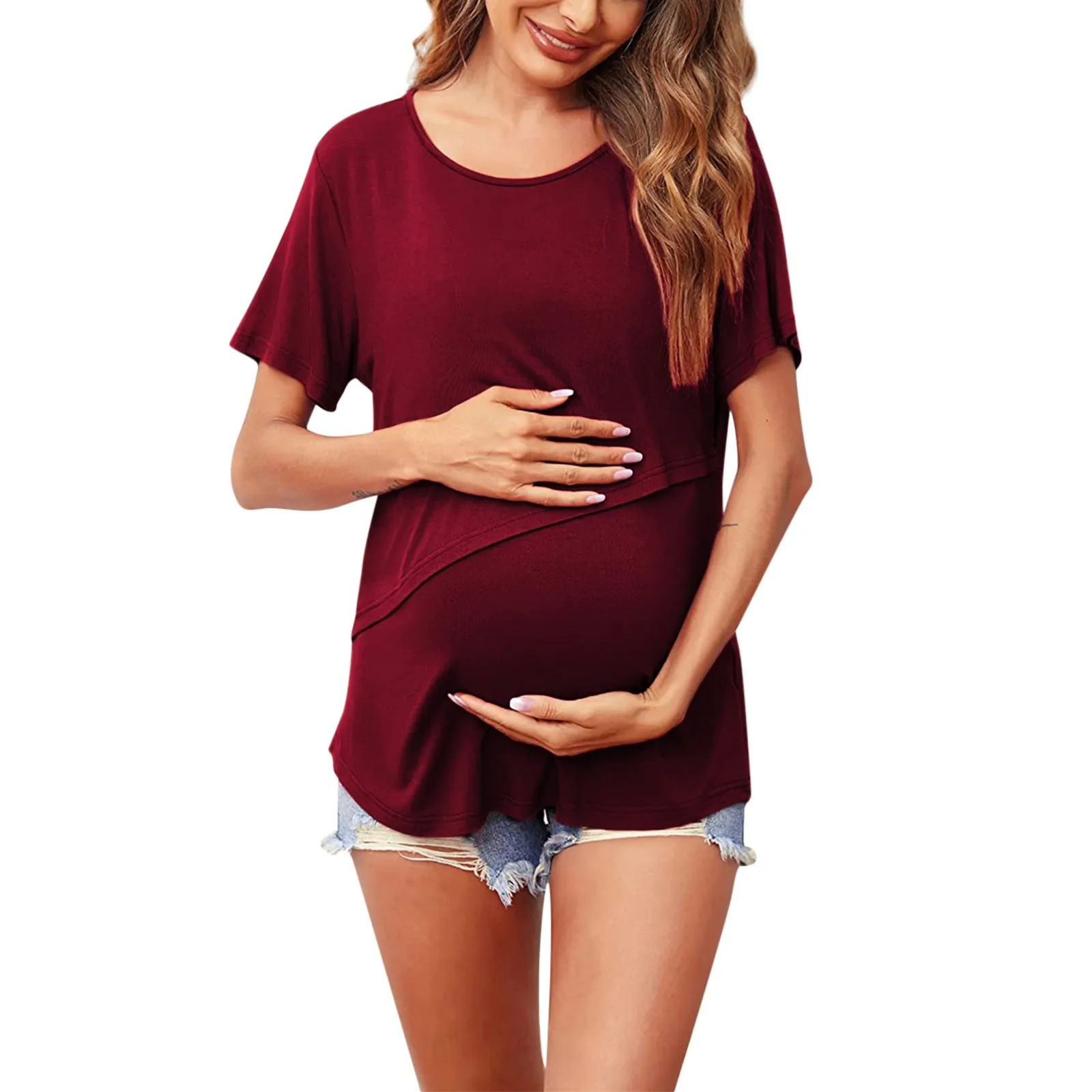 New Maternity Clothes Womens Short Sleeve Crew Neck Solid Color Asymmetrical Flap Nursed Tops Casual T Shirt For Breastfeeding