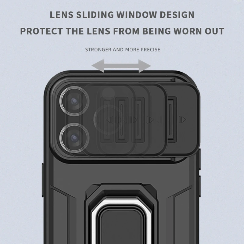 Bananq Slide Lens Camera Phone Case For iPhone 15 14 Plus 13 Pro Max Shockproof Magnetic Ring Stand Armor Back Cover_voghion.com