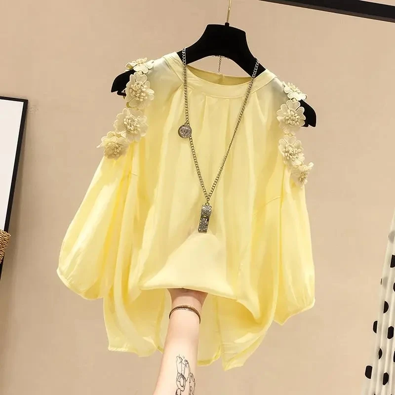 Orange Flower Three-dimensional Decoration Raglan Sleeve O-Neck Pullover Women's Blouse Shirt Female Clothing Tops Fashion 2024 3