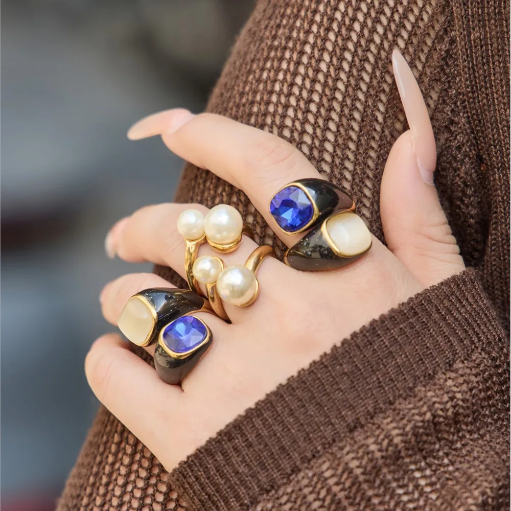 Blue Opal Stone Hug Ring: 18K Gold Plated Statement Chunky Band with Black Enamel Design