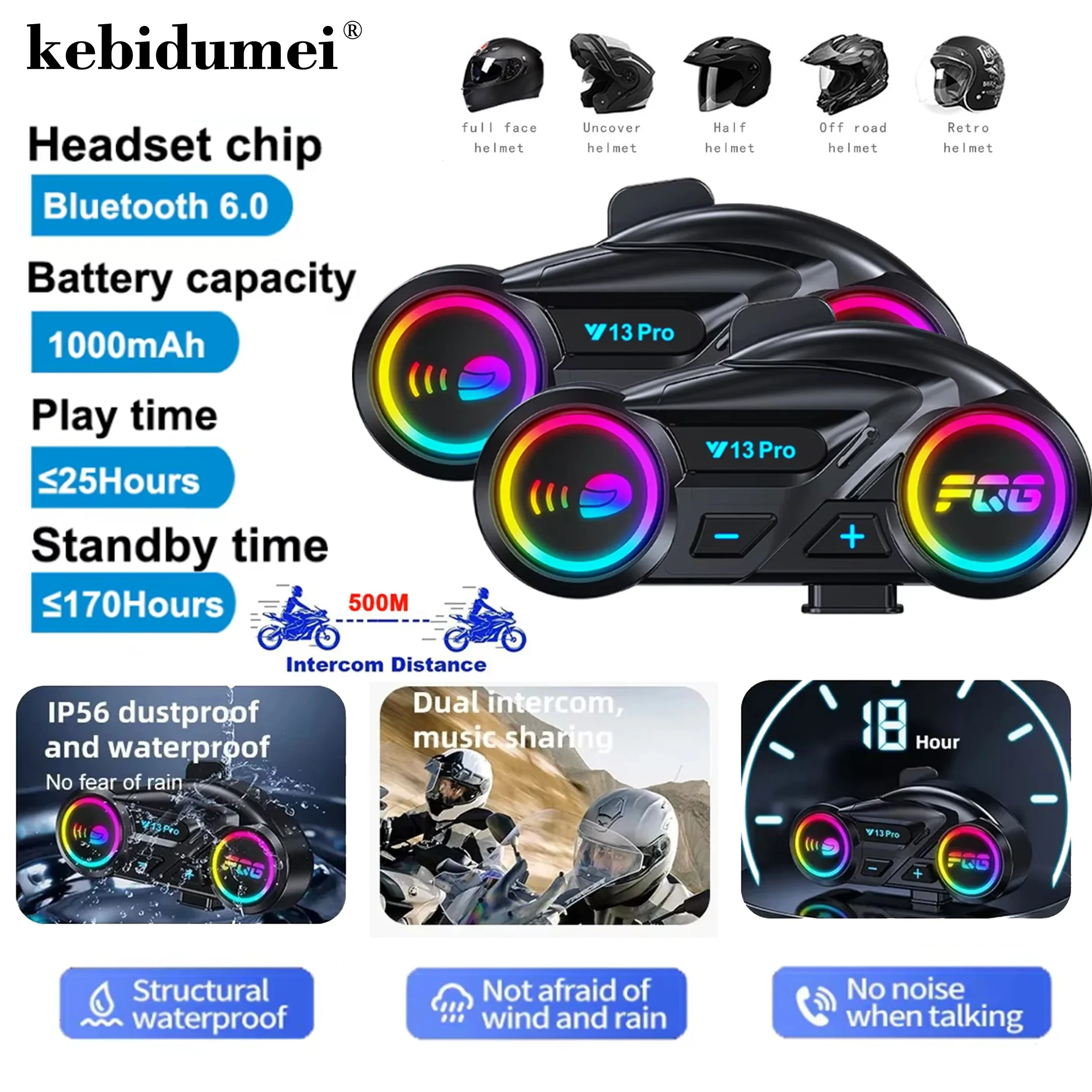 Interfono Moto Bluetooth 500M Con FM, TF, Condivisione Musica, IP65, Batteria 1000mAh E Luci RGB