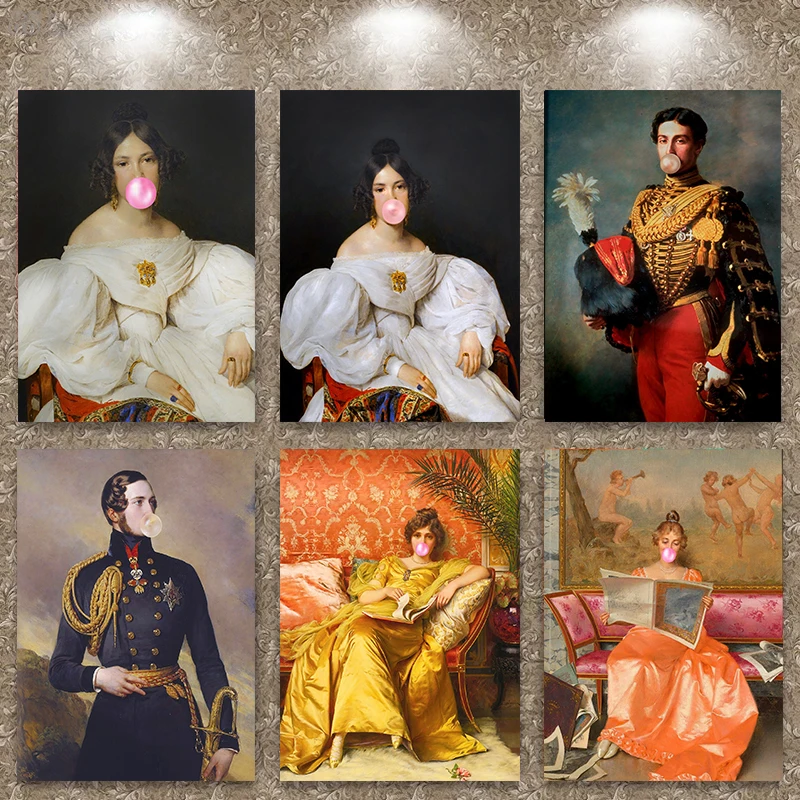 Vintage Donna Pink Bubble Blowing Portrait Renaissance Poster Print Wall Art Pictures Canvas Painting Room Home Decor Gift