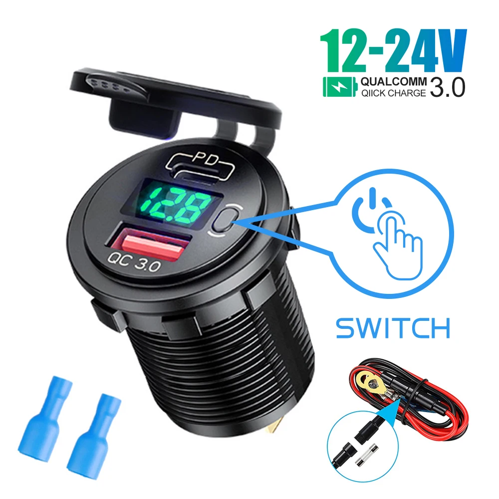 Für 12v/24v mit spannung auto usb ladegerät qc 3,0 pd typ c usb mit schalter  buchse fahrzeuge boot motorrad suv bus lkw - AliExpress