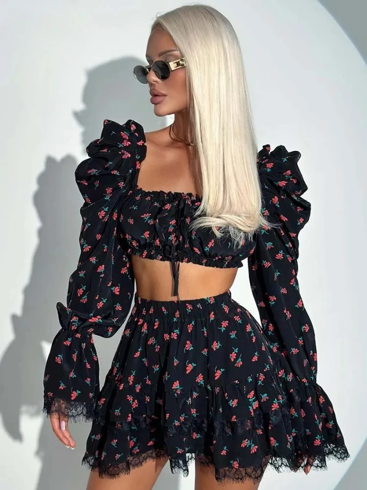 Creamy Cute Dark Alley Black Blouse Top Skirt Two Piece Set