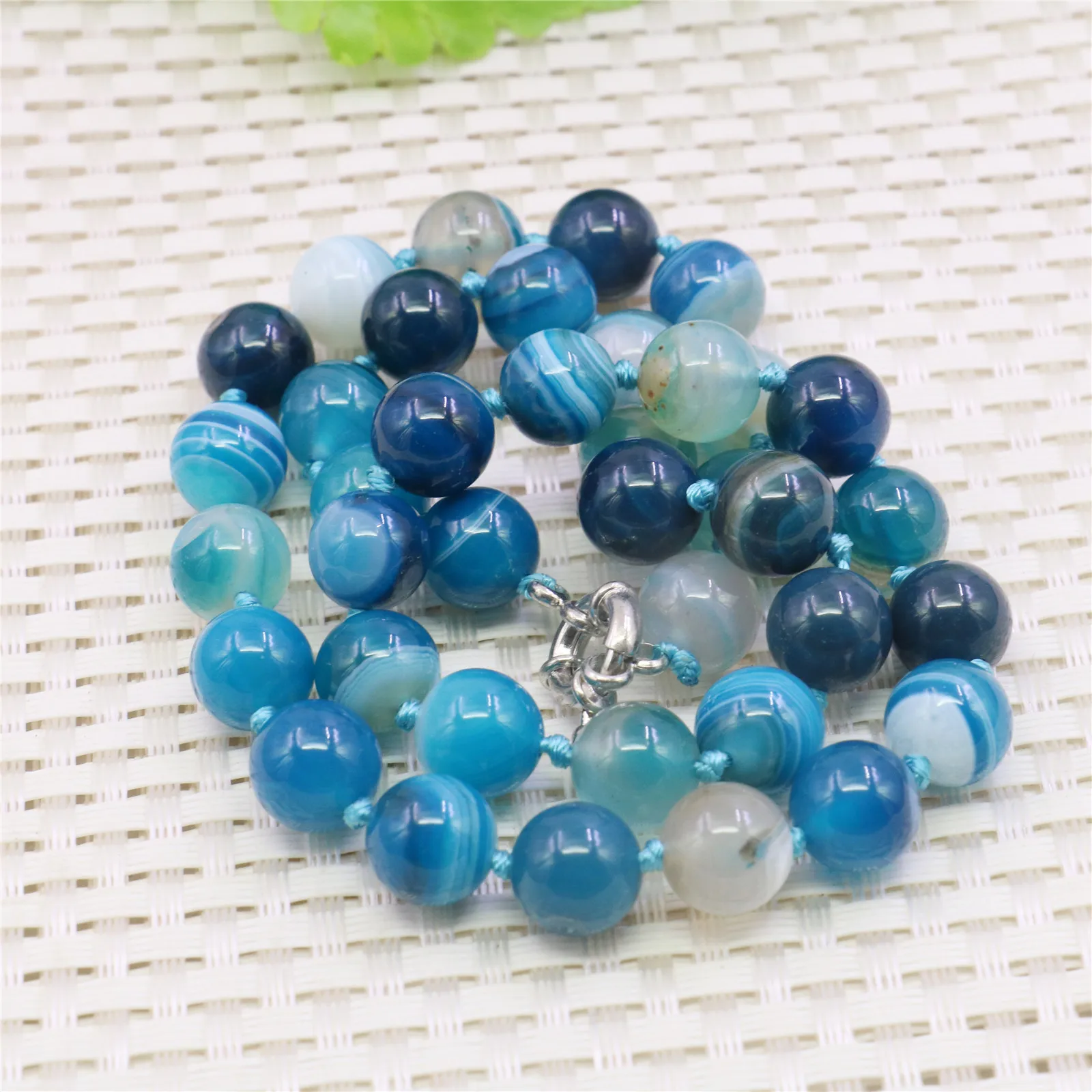 

10mm Round Blue Stripe Agates Onyx Necklace Natural Stone Hand Made DIY Women Hand Made Neckwear Fashion Jewelry Making Design