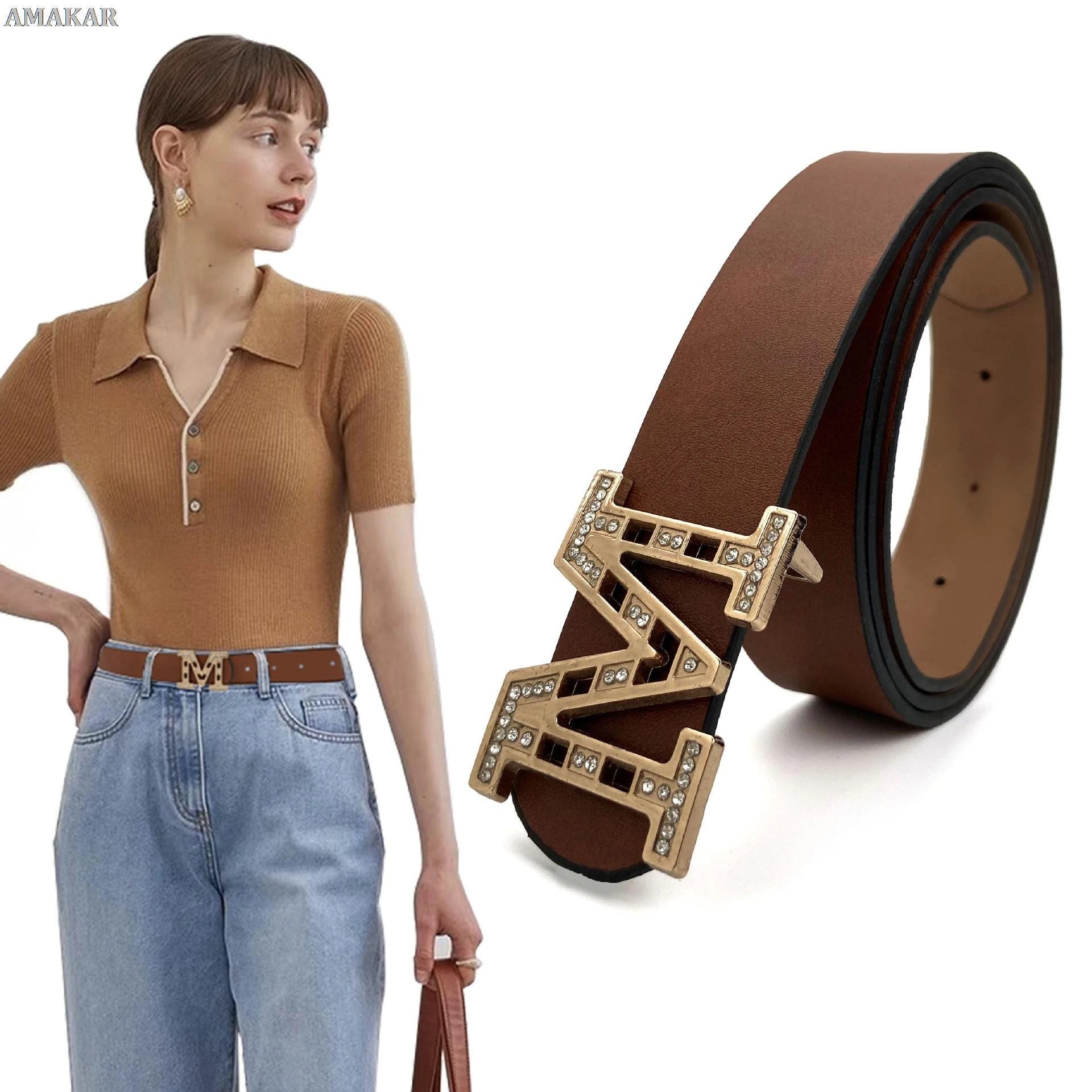 brown belt women Female Gold Diamond Luxury Leather Thin Belt Jeans Dress Suit Retro Fashion High Quality Designer Brand Belts for Women Cowboy slim belt for women