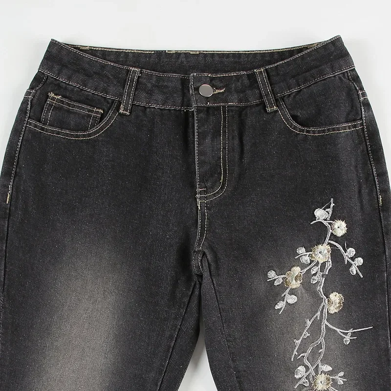 Floral Embroidery Jeans Vintage 2000s Low Rise Flared Jeans Women Retro y2k Baggy Denim Pants High Street Basic Trousers 6