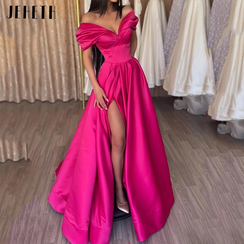 

Fuchsia Sexy Satin Off the Shoulder Evening Dress Women Elegant Side Split Backless V-Neck A Line Pleats Prom Party Gown