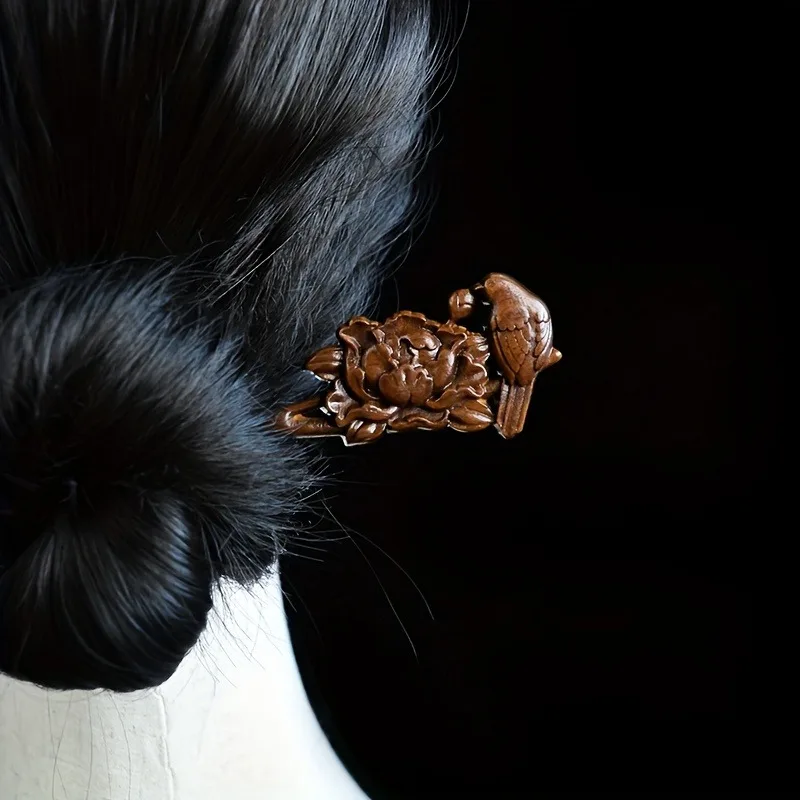 Women's Wood Carved Hair Accessory Collar Bird Peony Carving Suitable for Daily Gatherings Solid Wood Hairpin For Hair Accessory