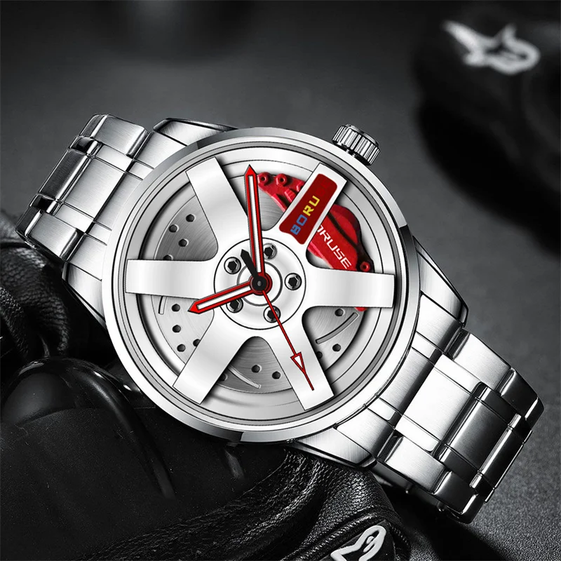 BORUSE Fashion Mens Car Wheel Watches Luxury Stainless Steel Waterproof Watch for Men Casual Quartz Wristwatch relogio masculino