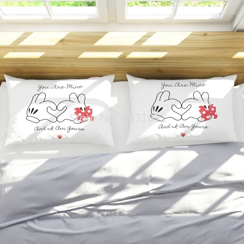 Mr Mrs Love Minnie Mickey Mouse with bow Pillowcases 2pcs White Couple Pillow Cover Decorative Living Room Plus size 50x90cm