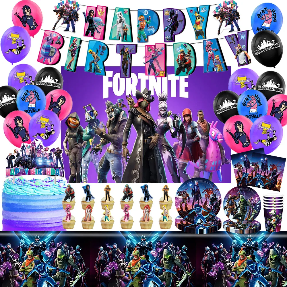 Shooting Game Fortnite Theme Cartoon Birthday Party Decor Balloon Cup Plate Tablecloth Backdrop Baby Shower Kids Favors Supplies