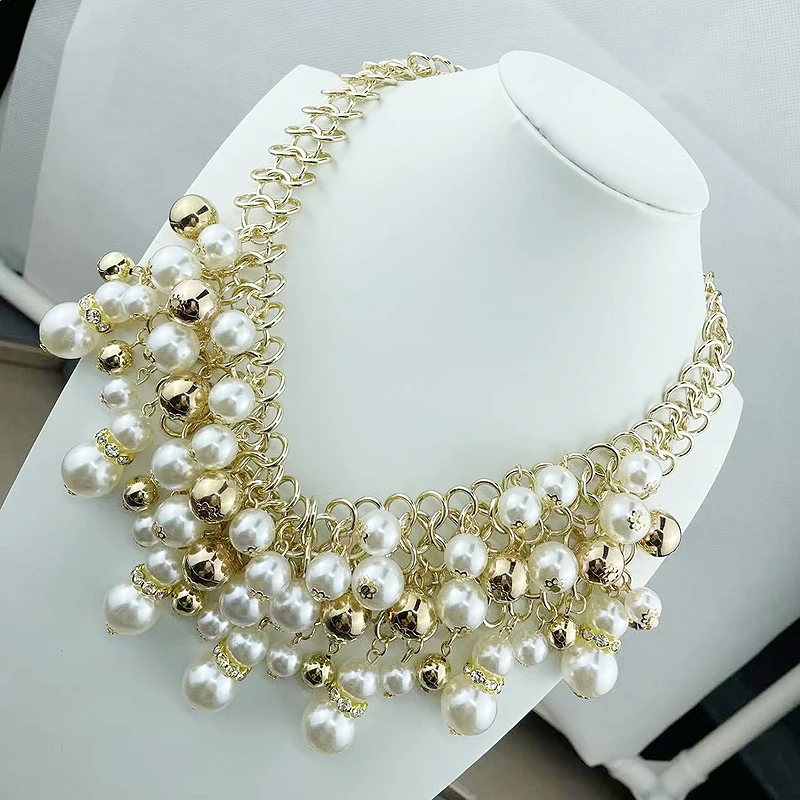 Fashion 21 Women's Simulated Faux Three Multi-Strand Pearl Statement Necklace and Earrings Set