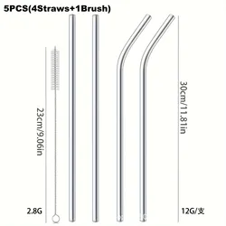 Eco - Friendly 30cm Reusable Stainless Steel Straws - Set of 4 Colorful Straws for Cocktails & Smoothies (Silver)