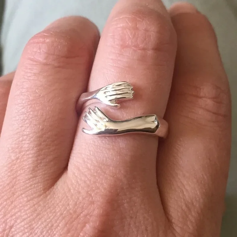 New Creative Hands Embrace Adjustable Open Ring for Women Men Simple Trendy Silver Color Alloy Ring Jewelry Anillos Steampunk