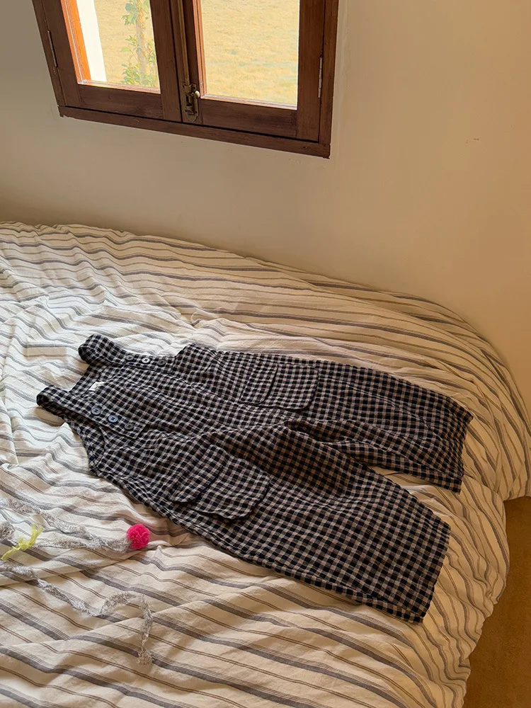 2025 Spring New Children Plaid Overalls Cotton Boys Thin Casual Pants Breathable Baby Girls Loose Strap Trousers Kids Clothes