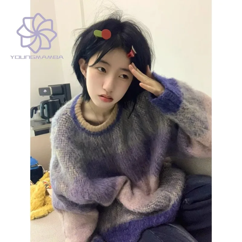 

Japanese Style Oversize Striped Double-sided Pullovers Women Ins Long Sleeve Loose Knit Sweater Vintage Knitwear
