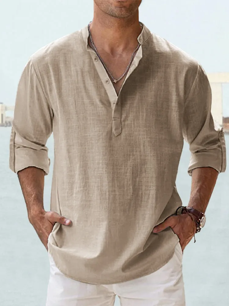 Men's Trendy Standing Collar Sports Shirt Solid Color Pure Cotton Top Shirt Summer New Casual Men's Loose Fitting Shirt 2023 New