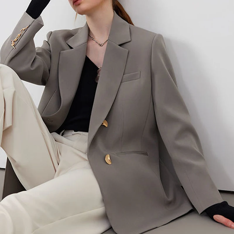 2023 Spring Autumn New Solid Color V-Neck Long Sleeve Button Suit Women Temperament Casual Loose Office Lady All-match Outwear