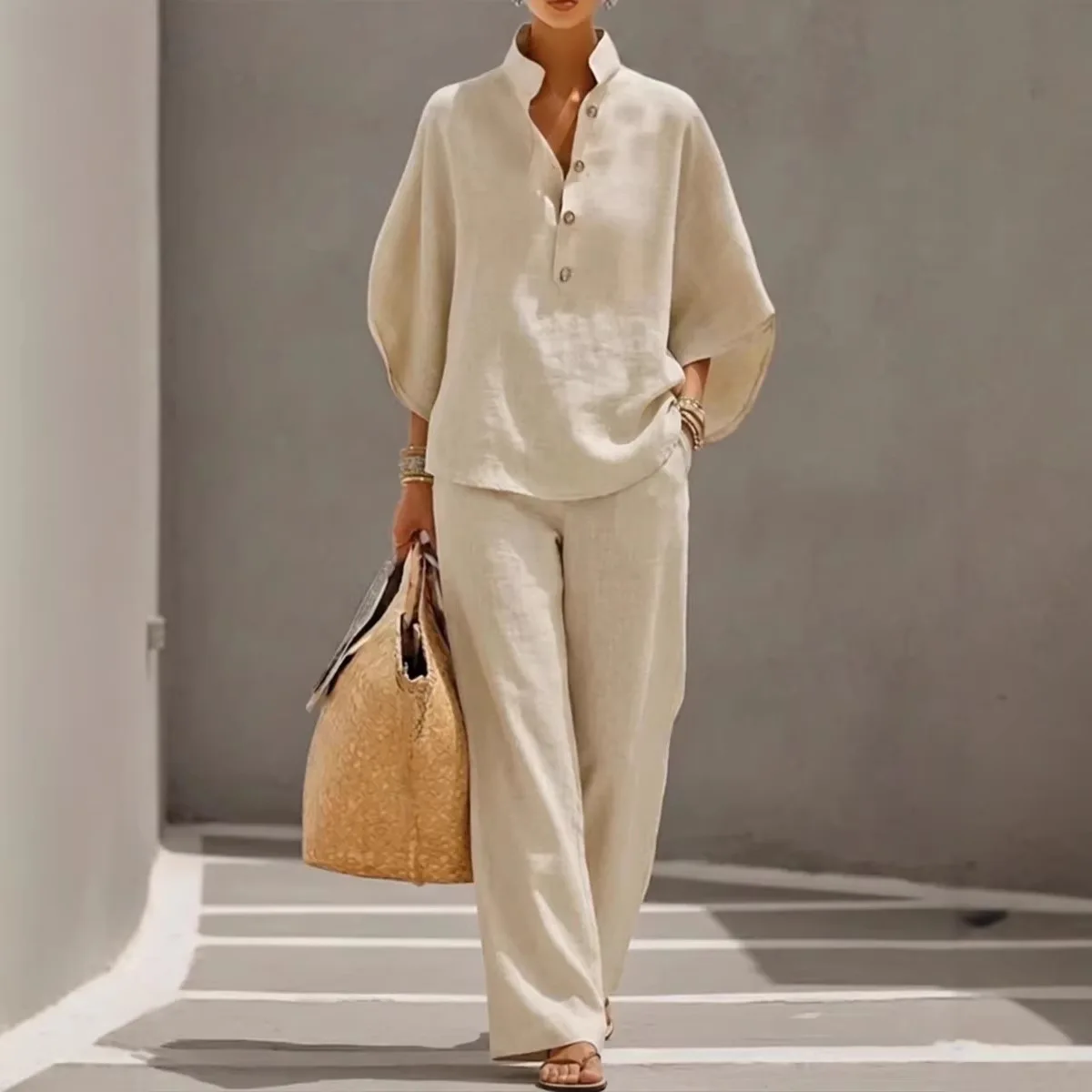 ชุดแฟชั่นผ้าฝ้ายลินิน 2 ชิ้น ใส่สบายสไตล์เรโทร