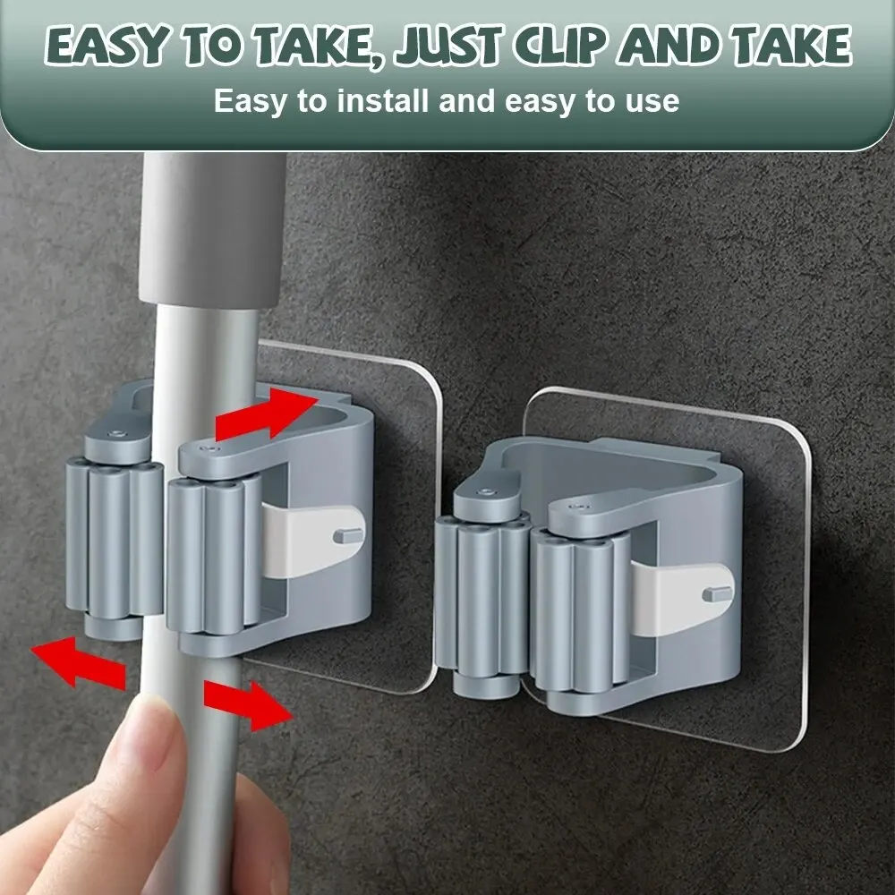4-Pack No-Drill Adhesive Broom and Mop Holder Set with Strong Grip and No-Trace Wall Mount