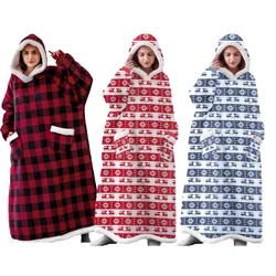 Wearable Warm Thick Hooded Sweater Blanket Unisex Giant Pocket Adult and Children Fleece Long Length Blanket for Bed Travel Home