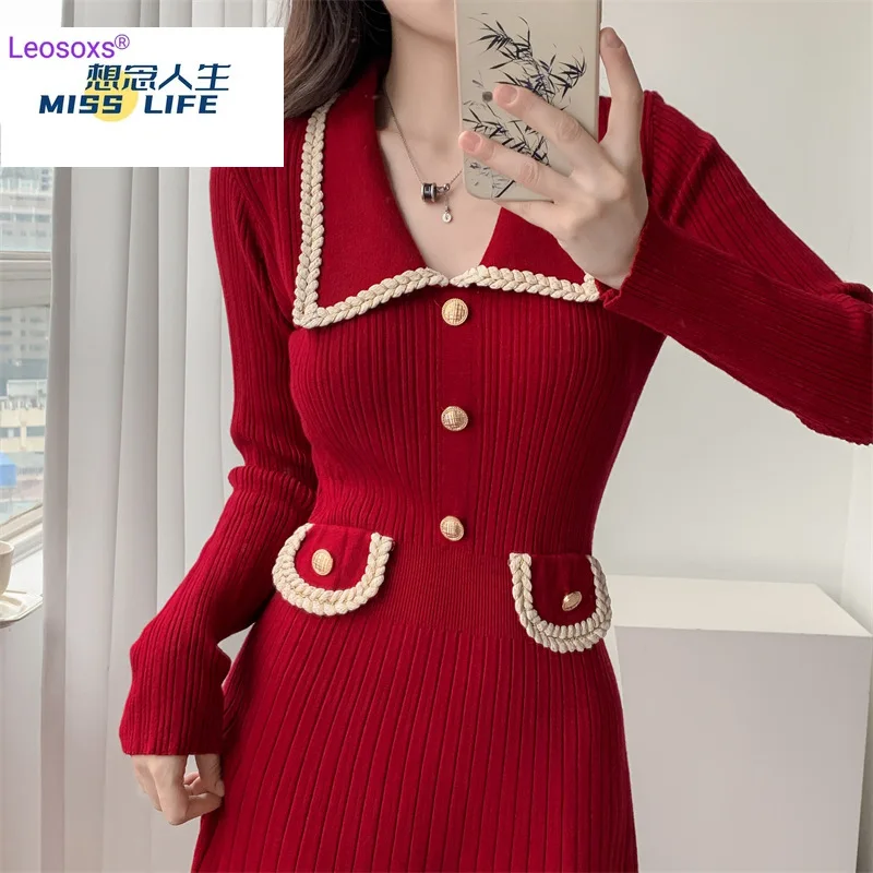 

French style small fragrant style long sleeved knitted dress for women in spring, autumn, Medium bottomed woolen dress